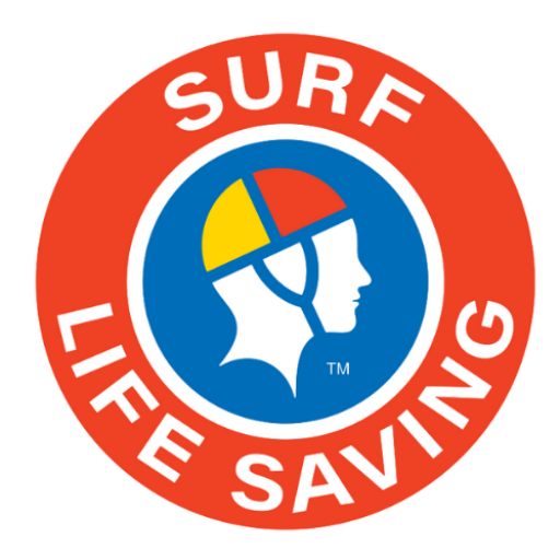 A circular Surf Life Saving logo with a red outer ring containing the white text 'SURF LIFE SAVING.' Inside the circle, a blue background frames a white silhouette of a person wearing a red‑and‑yellow quartered lifesaver cap;
